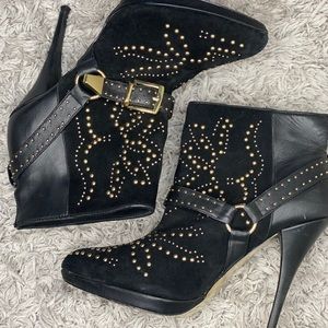 BEBE Studded Black and Gold Heeled Bootie
